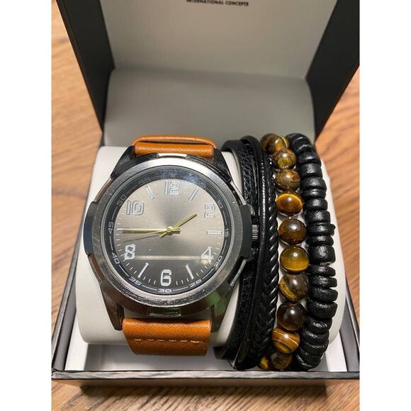 INC International Concepts Mens Brown Strap Watch 49mm G Brown + Bracelets - Picture 2 of 3